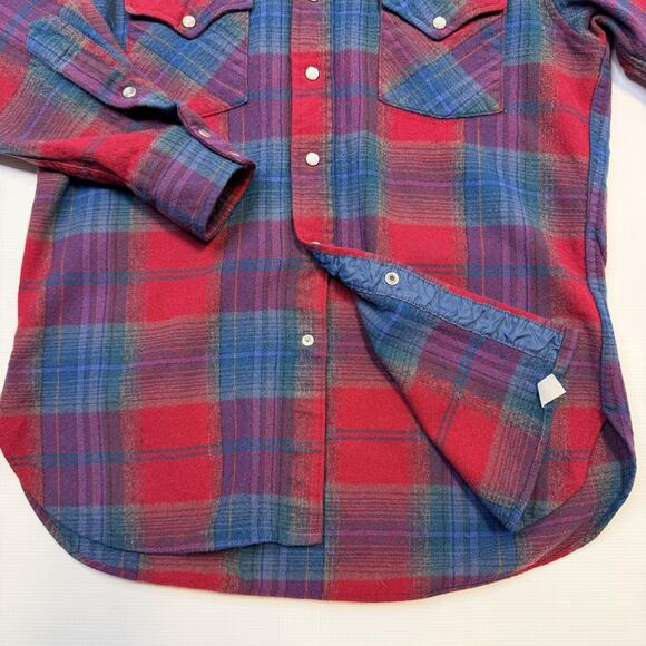 Vintage Pendleton Shirt Womens Medium Red Blue Plaid Wool Western Snap Front 70s - Picture 10 of 15
